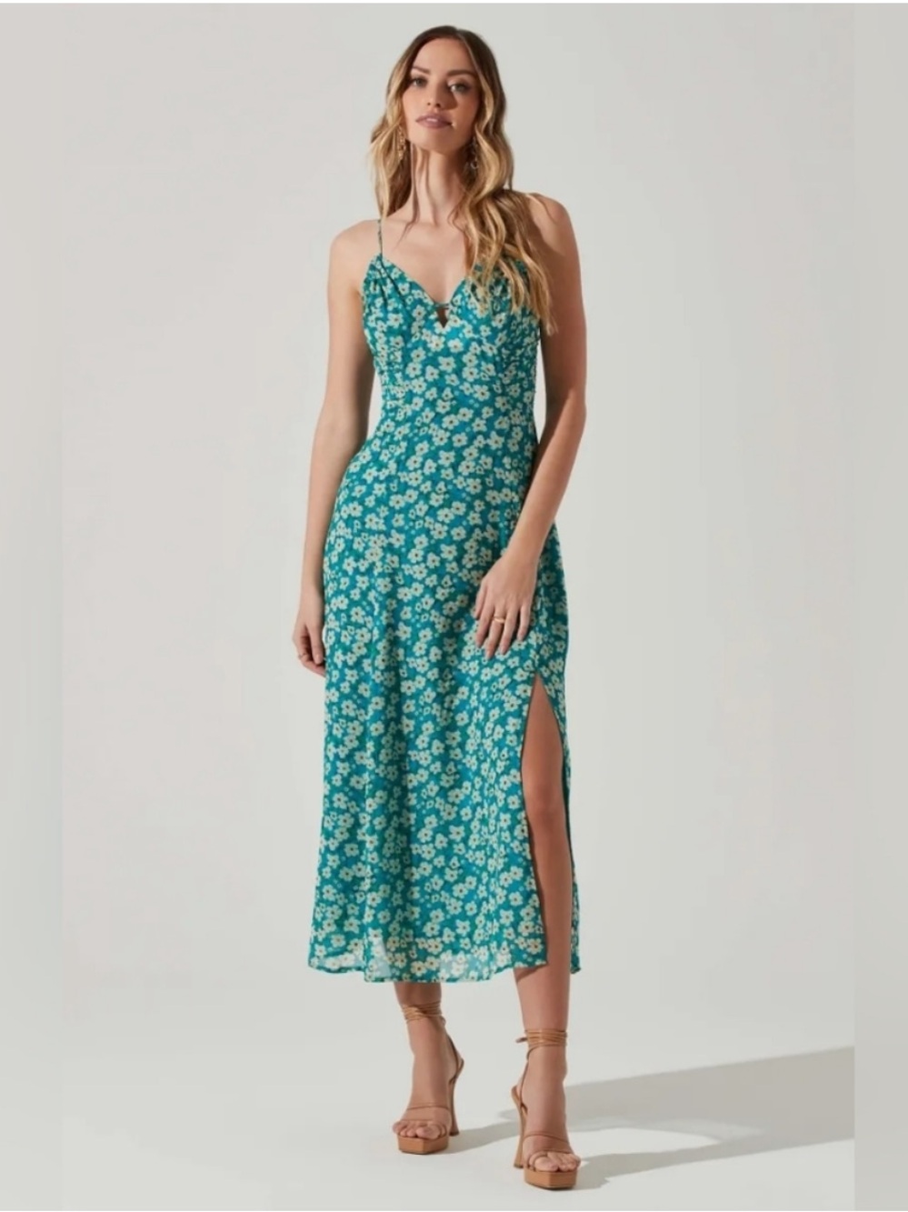 Astr Teal Floral Midi Dress with Spaghetti Straps